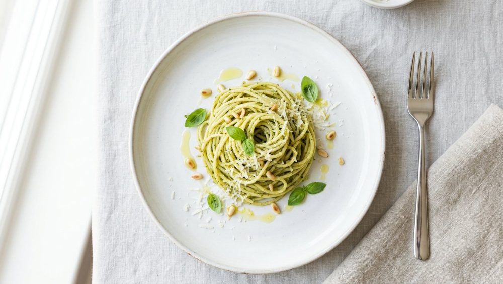 An overhead, photorealistic flat lay of an elegantly presented meal, exemplifying sophisticated simplicity. Fresh, vibrant ingredients, like a crisp salad or minimalist pasta, are artfully arranged on a clean white plate with delicate garnishes and a light sauce. Bright, natural lighting highlights the appealing textures against a minimalist background, creating an inspiring, clean aesthetic.