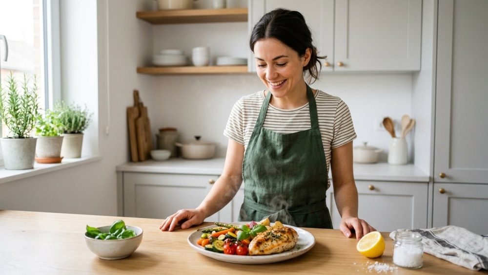 A young woman in a clean, modern kitchen proudly admires a vibrant, perfectly plated, freshly prepared dish with subtle steam rising. Fresh herbs and a lemon are on the light countertop, bathed in soft natural daylight.