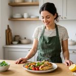 A young woman in a clean, modern kitchen proudly admires a vibrant, perfectly plated, freshly prepared dish with subtle steam rising. Fresh herbs and a lemon are on the light countertop, bathed in soft natural daylight.