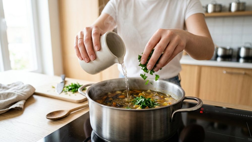 A close-up shows a novice cook's hands adding vibrant green parsley and water from a ceramic jug to steaming, golden-brown vegetable soup in a stainless steel pot. The soup's deep color subtly indicates a past culinary error, and the bright, warmly lit kitchen suggests a moment of learning and problem-solving.