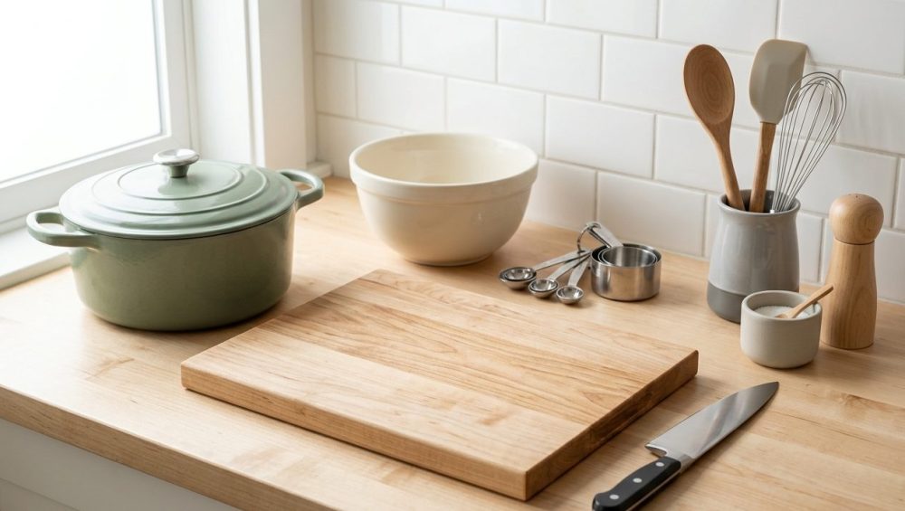 A beautifully arranged collection of essential, high-quality kitchen tools on a clean, light-toned countertop. A wooden cutting board, gleaming chef's knife, neutral Dutch oven, measuring cups, and whisk are neatly displayed in a bright, modern, and inviting Scandinavian-inspired setup.