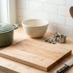 A beautifully arranged collection of essential, high-quality kitchen tools on a clean, light-toned countertop. A wooden cutting board, gleaming chef's knife, neutral Dutch oven, measuring cups, and whisk are neatly displayed in a bright, modern, and inviting Scandinavian-inspired setup.