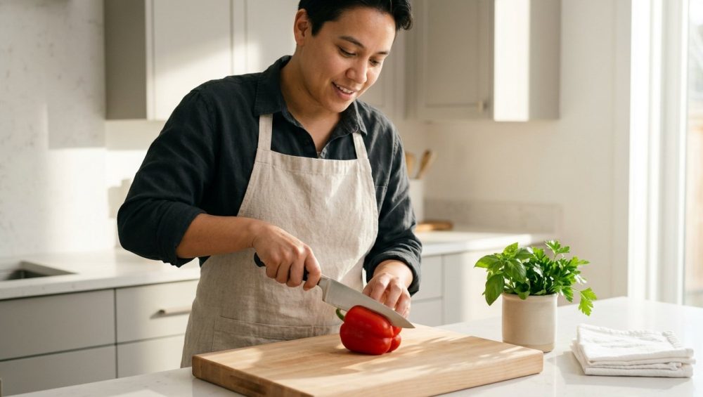 A photorealistic, candid close-up of an optimistic young adult carefully chopping a red bell pepper on a wooden board in a bright, modern kitchen. Natural sunlight illuminates the scene, emphasizing their hands and face and conveying an approachable cooking experience.