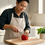 A photorealistic, candid close-up of an optimistic young adult carefully chopping a red bell pepper on a wooden board in a bright, modern kitchen. Natural sunlight illuminates the scene, emphasizing their hands and face and conveying an approachable cooking experience.