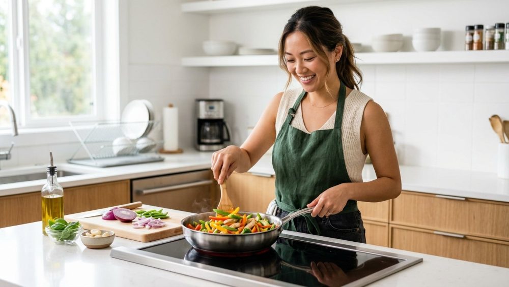 A confident young adult with a relaxed smile prepares a fresh, simple meal in a bright, clean modern kitchen, exuding ease and enjoyment in cooking.