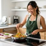 A confident young adult with a relaxed smile prepares a fresh, simple meal in a bright, clean modern kitchen, exuding ease and enjoyment in cooking.