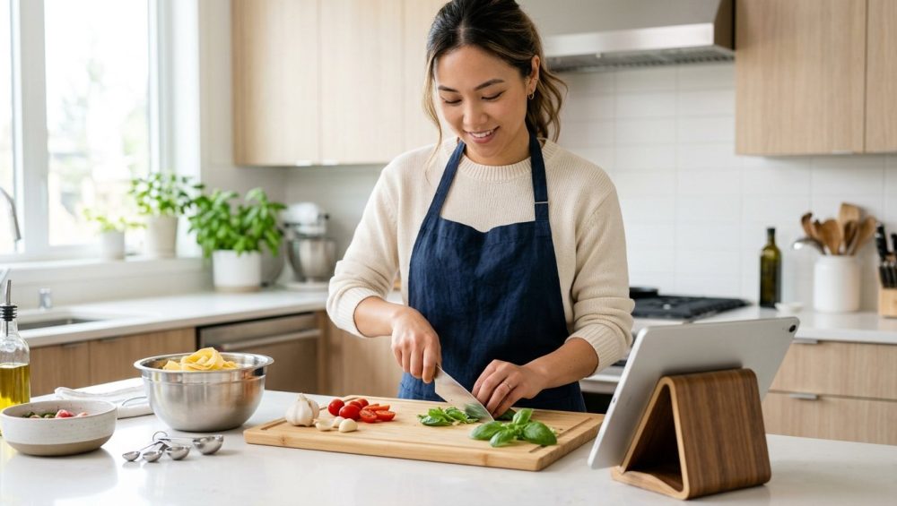 A photorealistic, brightly lit image of a young adult calmly and precisely slicing vibrant fresh herbs on a wooden cutting board. The focus is on their hands and the neatly arranged colorful ingredients in a modern, minimalist kitchen, conveying a clean and inviting cooking experience.