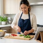 A photorealistic, brightly lit image of a young adult calmly and precisely slicing vibrant fresh herbs on a wooden cutting board. The focus is on their hands and the neatly arranged colorful ingredients in a modern, minimalist kitchen, conveying a clean and inviting cooking experience.
