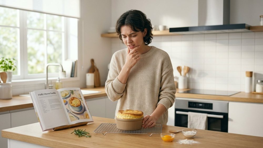 A photorealistic image of a young adult in a modern, minimalist kitchen, looking with mild exasperation and thoughtful contemplation at a culinary mishap, such as a deflated soufflé or slightly over-browned cookies. An open cookbook or tablet with a recipe is visible nearby, capturing a relatable moment of learning.