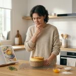 A photorealistic image of a young adult in a modern, minimalist kitchen, looking with mild exasperation and thoughtful contemplation at a culinary mishap, such as a deflated soufflé or slightly over-browned cookies. An open cookbook or tablet with a recipe is visible nearby, capturing a relatable moment of learning.