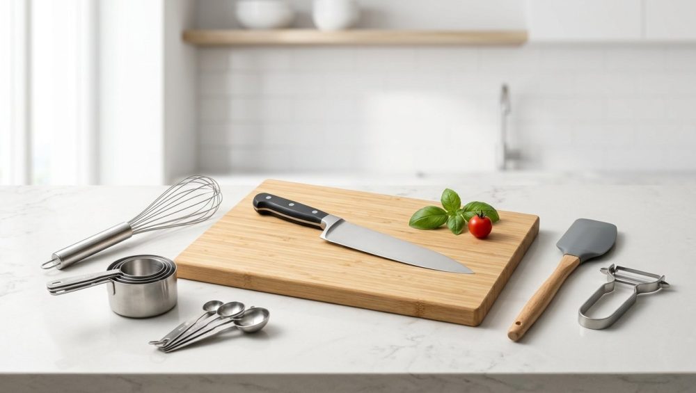 A bright, photorealistic flat lay of essential kitchen tools, including a chef's knife, wooden cutting board, and whisk, artfully arranged on a clean, light modern countertop, with a vibrant fresh ingredient.