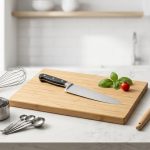 A bright, photorealistic flat lay of essential kitchen tools, including a chef's knife, wooden cutting board, and whisk, artfully arranged on a clean, light modern countertop, with a vibrant fresh ingredient.