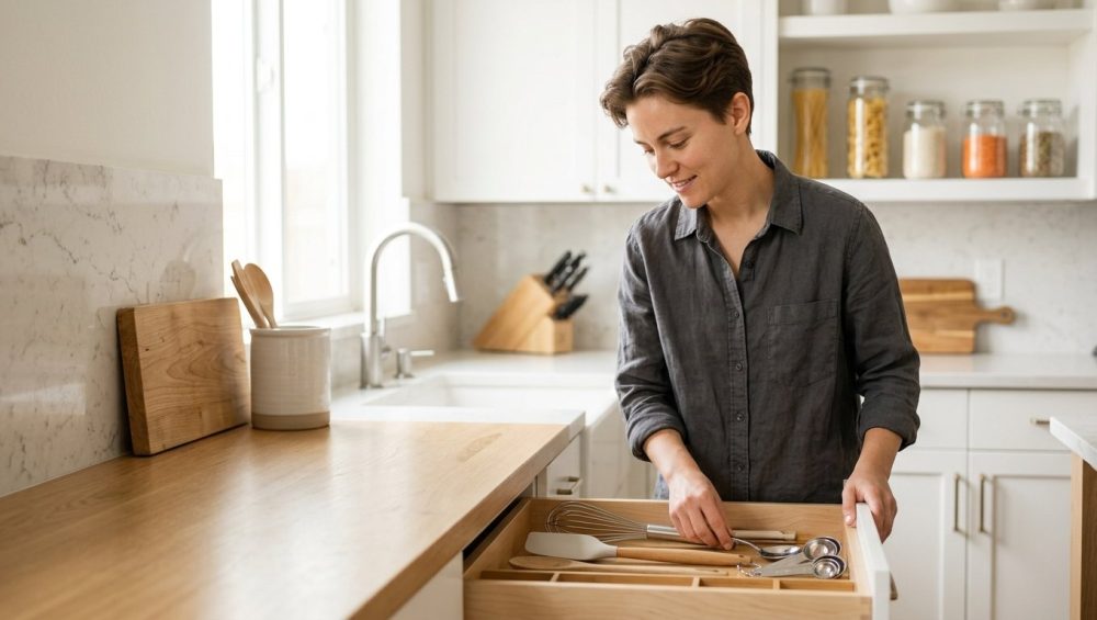 An ultra-photorealistic close-up of a focused young adult's hands carefully performing a clean, methodical task in a bright, minimalist kitchen, such as slicing vegetables or organizing tools.