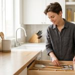 An ultra-photorealistic close-up of a focused young adult's hands carefully performing a clean, methodical task in a bright, minimalist kitchen, such as slicing vegetables or organizing tools.