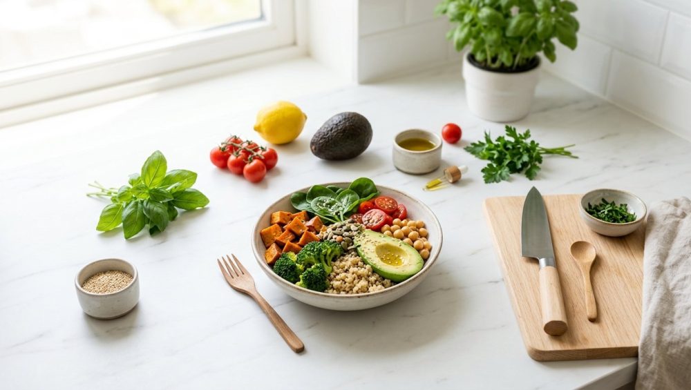 A photorealistic overhead shot of a clean, minimalist kitchen counter bathed in bright natural light. On a light surface, a healthy, appealing dish is artfully plated and surrounded by fresh, whole ingredients like vibrant herbs, colorful vegetables, and grains. A simple kitchen tool rests nearby. The scene evokes an inspiring and approachable mood for beginner home cooks.