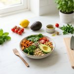 A photorealistic overhead shot of a clean, minimalist kitchen counter bathed in bright natural light. On a light surface, a healthy, appealing dish is artfully plated and surrounded by fresh, whole ingredients like vibrant herbs, colorful vegetables, and grains. A simple kitchen tool rests nearby. The scene evokes an inspiring and approachable mood for beginner home cooks.