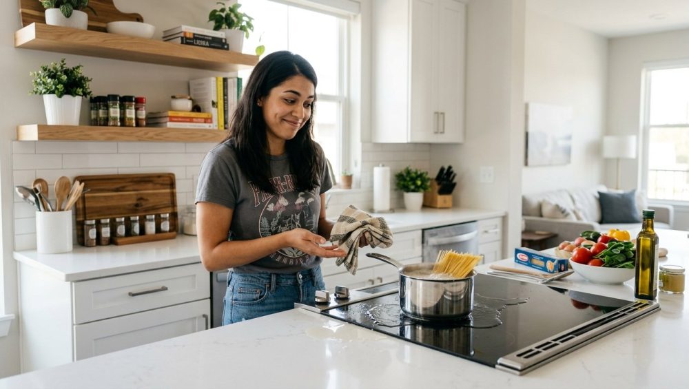 A casually dressed young adult in a bright, modern kitchen holds up a slightly burnt piece of toast with a good-humored 'oops' expression. Fresh ingredients are neatly arranged on the clean counter nearby.