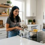 A casually dressed young adult in a bright, modern kitchen holds up a slightly burnt piece of toast with a good-humored 'oops' expression. Fresh ingredients are neatly arranged on the clean counter nearby.