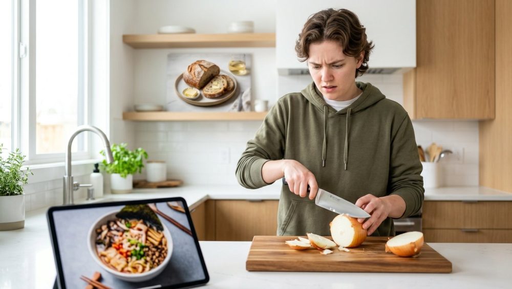 A young adult with a bewildered yet determined expression awkwardly chops a yellow onion with an oversized knife on a cutting board in a pristine, bright modern kitchen. A tablet in the foreground displays a perfect gourmet dish, highlighting the person's relatable struggle as a novice cook aiming for aspirational results.