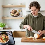 A young adult with a bewildered yet determined expression awkwardly chops a yellow onion with an oversized knife on a cutting board in a pristine, bright modern kitchen. A tablet in the foreground displays a perfect gourmet dish, highlighting the person's relatable struggle as a novice cook aiming for aspirational results.