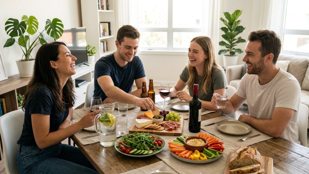 A photorealistic image of 3-4 casually dressed friends laughing and interacting around a simple, inviting food spread in a bright, modern apartment, bathed in soft natural light. The table features charcuterie, fresh salad, hummus with crudités, and bread.