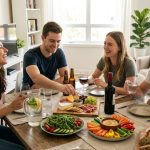 A photorealistic image of 3-4 casually dressed friends laughing and interacting around a simple, inviting food spread in a bright, modern apartment, bathed in soft natural light. The table features charcuterie, fresh salad, hummus with crudités, and bread.