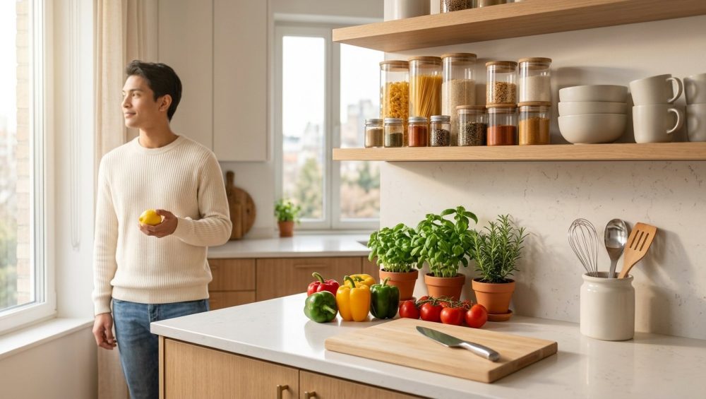 A bright, clean, and organized kitchen, well-lit by soft natural light. Fresh ingredients and basic tools are neatly arranged on a light countertop. A young person stands confidently in the inviting space, conveying a sense of culinary potential and new beginnings.