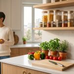 A bright, clean, and organized kitchen, well-lit by soft natural light. Fresh ingredients and basic tools are neatly arranged on a light countertop. A young person stands confidently in the inviting space, conveying a sense of culinary potential and new beginnings.