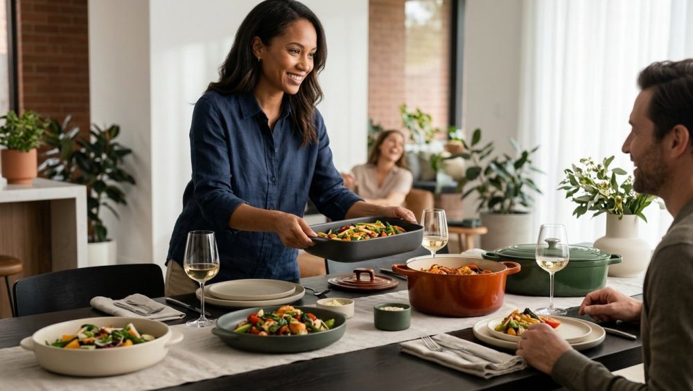 A photorealistic, high-angle shot captures a diverse host, mid-30s to 40s, smiling warmly and confidently while serving vibrant food at an elegant, modern dinner party. The impeccably set table features sleek matte ceramic and rich enameled cast-iron dishes, holding beautifully presented food. Soft natural light illuminates the serene dining room, creating a warm, inviting atmosphere with sharp focus on the host and the details of the meal.