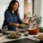 A photorealistic, high-angle shot captures a diverse host, mid-30s to 40s, smiling warmly and confidently while serving vibrant food at an elegant, modern dinner party. The impeccably set table features sleek matte ceramic and rich enameled cast-iron dishes, holding beautifully presented food. Soft natural light illuminates the serene dining room, creating a warm, inviting atmosphere with sharp focus on the host and the details of the meal.