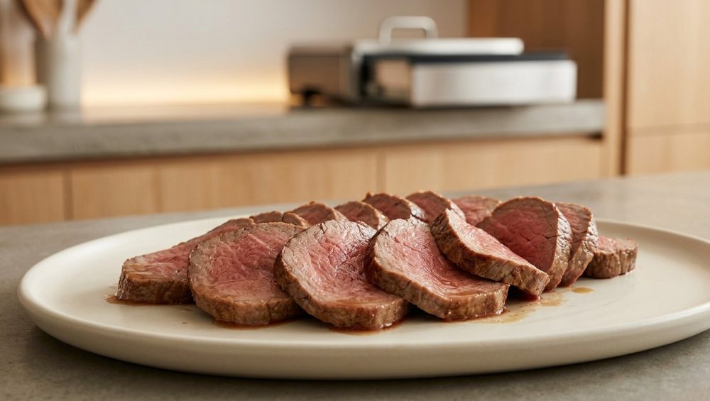 A photorealistic close-up of perfectly cooked, thinly sliced medium-rare roast meat, such as beef tenderloin or pork loin, glistening with natural juices. The elegant slices are artfully arranged on a minimalist ceramic platter, set against a soft-focused modern kitchen background with warm ambient lighting, conveying refined culinary precision and quiet elegance.