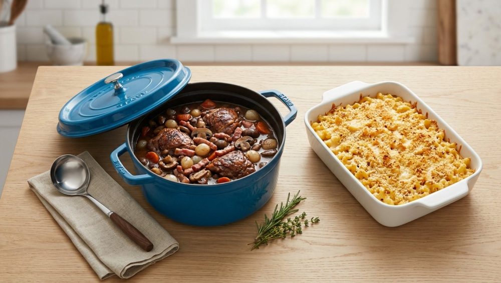 Overhead flat lay of a vibrant cerulean enameled Dutch oven, partially open to reveal a rich, inviting stew, next to a matte white ceramic gratin dish with a golden-brown, bubbling gratin. The dishes are on a light wood or stone surface, with a sprig of herbs and a serving utensil subtly placed, all illuminated by soft, natural light in an elegant, warm kitchen setting.