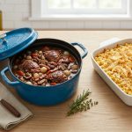 Overhead flat lay of a vibrant cerulean enameled Dutch oven, partially open to reveal a rich, inviting stew, next to a matte white ceramic gratin dish with a golden-brown, bubbling gratin. The dishes are on a light wood or stone surface, with a sprig of herbs and a serving utensil subtly placed, all illuminated by soft, natural light in an elegant, warm kitchen setting.