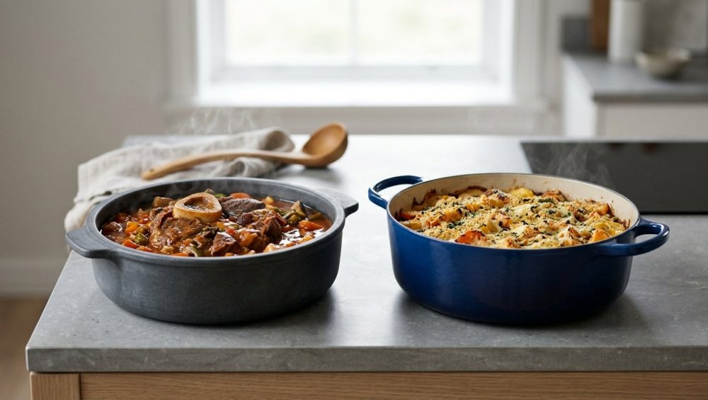 A photorealistic still life featuring an earthy-toned matte stoneware casserole and a gleaming colored enameled cast iron Dutch oven, both filled with impeccably cooked, steaming gourmet food. They rest on a minimalist wood or stone surface, bathed in soft natural light against a softly blurred background.