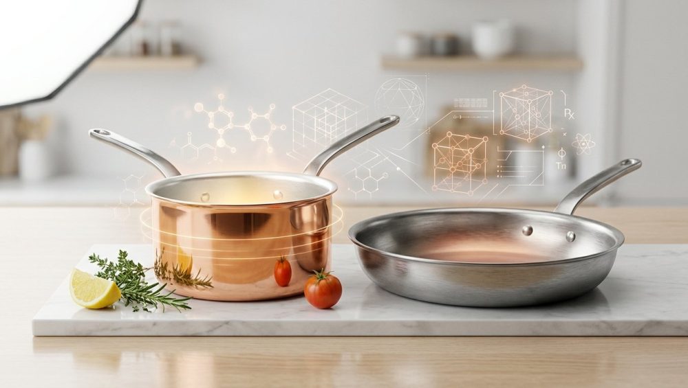 An ultra-clean, hyper-photorealistic studio image featuring a polished copper saucepan with a bright tin-lined interior and a brushed stainless steel skillet. A subtle thermal glow emanates from the copper. Nearby, a lemon wedge and fresh herbs suggest culinary use. Abstract, glowing scientific data patterns subtly overlay the background, emphasizing material properties.
