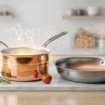 An ultra-clean, hyper-photorealistic studio image featuring a polished copper saucepan with a bright tin-lined interior and a brushed stainless steel skillet. A subtle thermal glow emanates from the copper. Nearby, a lemon wedge and fresh herbs suggest culinary use. Abstract, glowing scientific data patterns subtly overlay the background, emphasizing material properties.