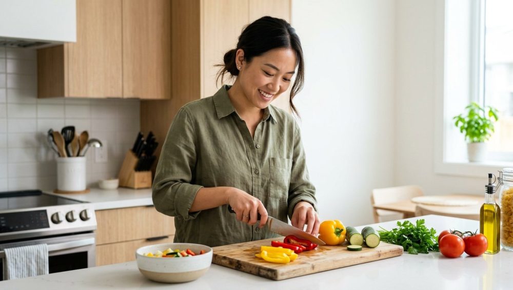 An ultra-photorealistic image of a smiling young person confidently chopping colorful vegetables on a light wooden board in a minimalist, sunlit kitchen, conveying a warm, serene mood of home cooking.