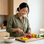 An ultra-photorealistic image of a smiling young person confidently chopping colorful vegetables on a light wooden board in a minimalist, sunlit kitchen, conveying a warm, serene mood of home cooking.