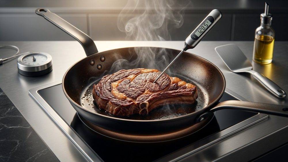 A hyper-realistic studio photograph shows a prime cut of meat searing intensely in a hot, black carbon steel pan on a modern induction burner. The meat has a rich, deep mahogany crust, with subtle wisps of steam rising, and a digital thermometer probe inserted displays an exact internal temperature. The background is a softly blurred, meticulously clean, modern kitchen countertop, emphasizing culinary precision and scientific rigor.