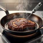 A hyper-realistic studio photograph shows a prime cut of meat searing intensely in a hot, black carbon steel pan on a modern induction burner. The meat has a rich, deep mahogany crust, with subtle wisps of steam rising, and a digital thermometer probe inserted displays an exact internal temperature. The background is a softly blurred, meticulously clean, modern kitchen countertop, emphasizing culinary precision and scientific rigor.