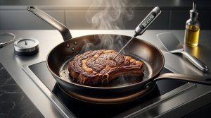 A hyper-realistic studio photograph shows a prime cut of meat searing intensely in a hot, black carbon steel pan on a modern induction burner. The meat has a rich, deep mahogany crust, with subtle wisps of steam rising, and a digital thermometer probe inserted displays an exact internal temperature. The background is a softly blurred, meticulously clean, modern kitchen countertop, emphasizing culinary precision and scientific rigor.