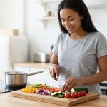 A photorealistic medium shot shows a young person with a relaxed, joyful expression confidently chopping vibrant bell peppers, onions, and tomatoes on a wooden cutting board in a bright, clean, modern kitchen. A chef's knife is visible, and a gleaming pot with a wisp of steam sits on a stovetop in the background, all bathed in soft natural light.