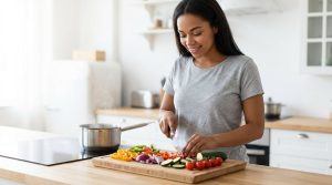 A photorealistic medium shot shows a young person with a relaxed, joyful expression confidently chopping vibrant bell peppers, onions, and tomatoes on a wooden cutting board in a bright, clean, modern kitchen. A chef's knife is visible, and a gleaming pot with a wisp of steam sits on a stovetop in the background, all bathed in soft natural light.