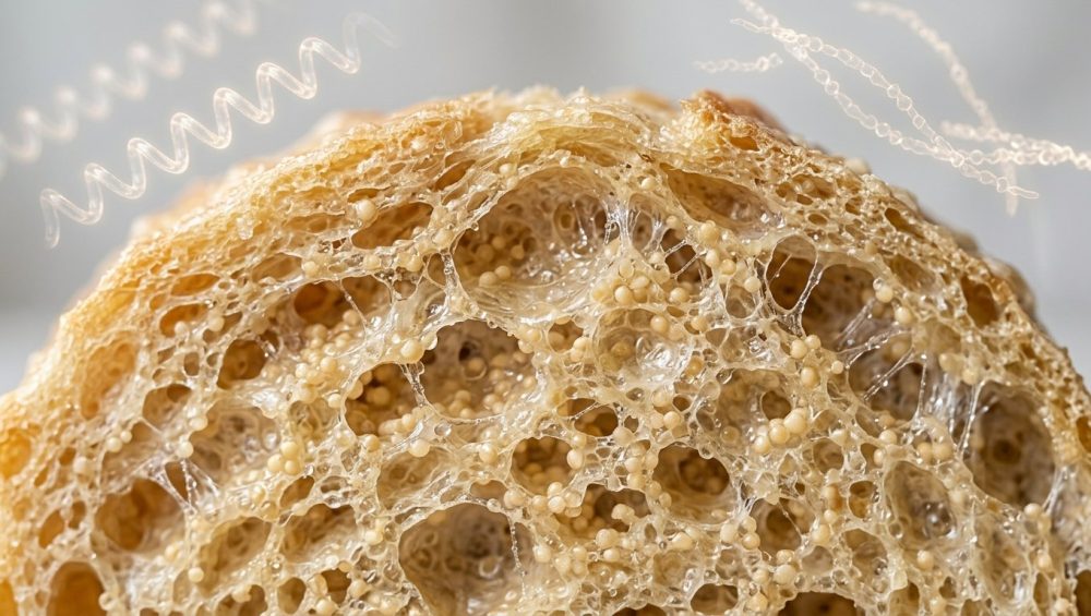 Ultra-photorealistic macro cross-section of a perfectly structured, moist, golden gluten-free crumb. It reveals an intricate, elastic, airy internal matrix where a translucent, glistening, web-like network encases tiny spherical particles and microscopic moisture droplets. Subtle, glowing, holographic molecular models are visible in the soft-focus background, creating a clean, scientific, and appetizing aesthetic.