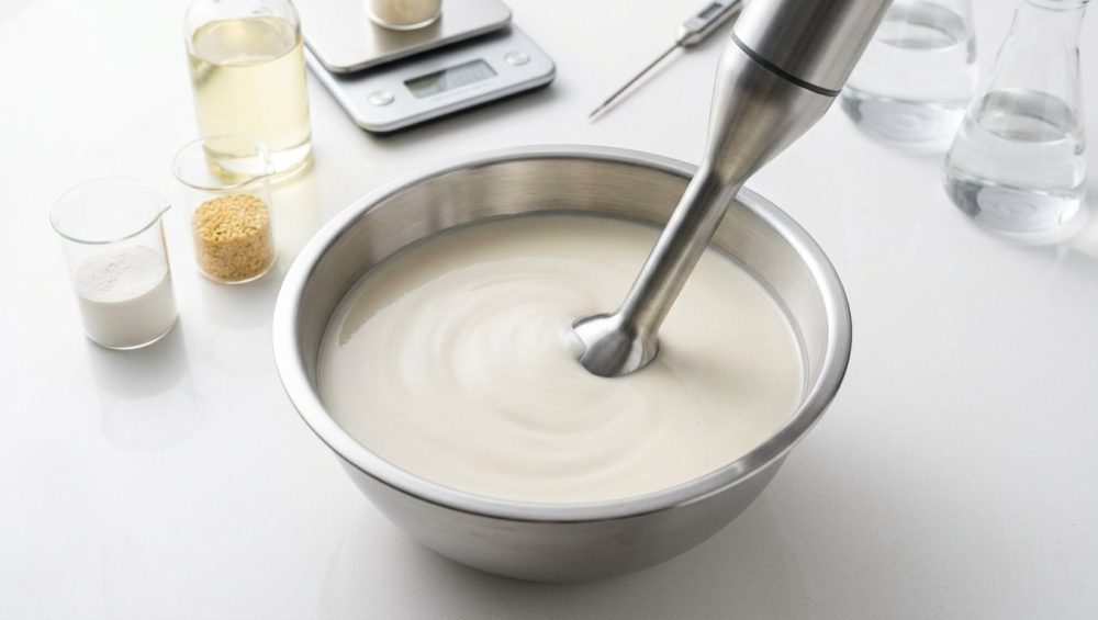 Overhead view of a creamy, stable plant-based emulsion gently swirling in a stainless steel bowl, with a sleek immersion blender partially submerged. In the softly blurred background on a white quartz counter are beakers of xanthan gum and lecithin, plant-based oil, a digital scale, and other lab equipment, all conveying a clean, precise, scientific food photography aesthetic.