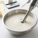 Overhead view of a creamy, stable plant-based emulsion gently swirling in a stainless steel bowl, with a sleek immersion blender partially submerged. In the softly blurred background on a white quartz counter are beakers of xanthan gum and lecithin, plant-based oil, a digital scale, and other lab equipment, all conveying a clean, precise, scientific food photography aesthetic.