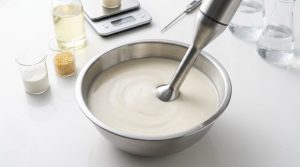 Overhead view of a creamy, stable plant-based emulsion gently swirling in a stainless steel bowl, with a sleek immersion blender partially submerged. In the softly blurred background on a white quartz counter are beakers of xanthan gum and lecithin, plant-based oil, a digital scale, and other lab equipment, all conveying a clean, precise, scientific food photography aesthetic.