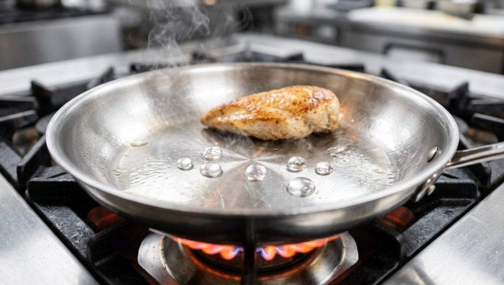 A close-up of a gleaming, superheated stainless steel skillet on a gas stovetop. Perfectly spherical water droplets dance and skitter across the shimmering surface, floating on an invisible cushion of vapor, demonstrating the Leidenfrost effect. Wisps of steam rise from the pan, which also holds a perfectly seared, golden-brown lean protein appearing unbonded and ready to slide freely, all within a clean, professional kitchen aesthetic.