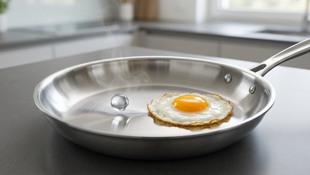 A pristine, highly polished stainless steel skillet on a dark gray counter. A single water droplet hovers on a vapor layer with a wisp of steam on the left. To its right, a perfectly cooked fried egg with a vibrant yolk rests effortlessly, non-stick, on the hot pan. The skillet is reflective with a subtle heat haze against a softly blurred kitchen.