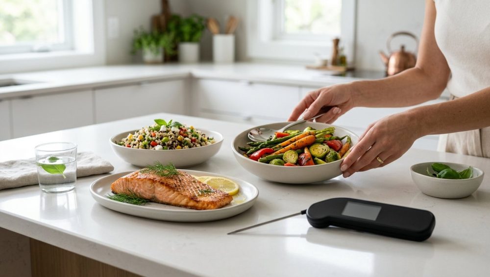 A photorealistic image of a meticulously prepared, diverse meal spread on a sleek, light-colored surface. Dishes like seared fish, vibrant roasted vegetables, and a grain salad are presented in modern vessels. Subtle wisps of steam rise from some dishes, and a minimalist digital thermometer and timer (with blank displays) are artfully placed, hinting at precision. Elegant hands delicately adjust a garnish, all bathed in soft, natural light, conveying sophisticated control and culinary mastery in a clean, minimalist kitchen setting.